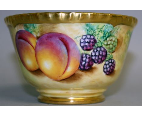 A ROYAL WORCESTER FRUIT PAINTED GADROON BORDERED BOWL, signed by A Bayley, black mark.