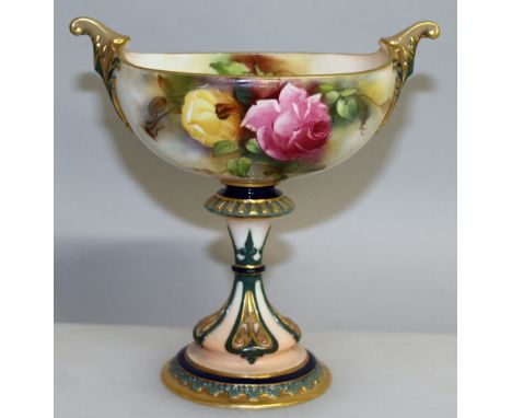 A ROYAL WORCESTER BOAT SHAPED TWO HANDLED PEDESTAL VASE, No. H 280. 6ins high.