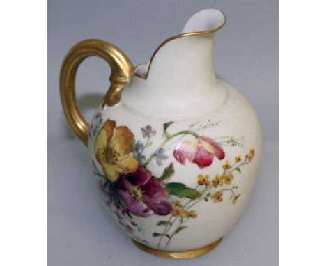 A ROYAL WORCESTER BLUSH JUG painted with flowers on an ivory ground, puce mark.