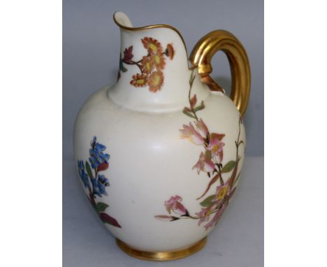 A ROYAL WORCESTER BLUSH JUG painted with flowers on an ivory ground, puce mark.