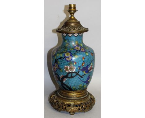 A JAPANESE CLOISONNE ENAMEL VASE AND STAND converted to a lamp.