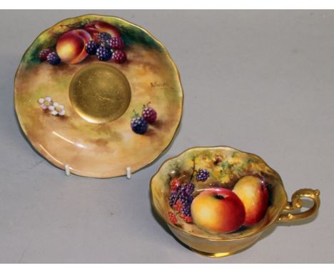 A ROYAL WORCESTER FRUIT PAINTED SCALLOP EDGED TEACUP AND SAUCER, both signed by E. Townsend and W. Bee,  puce mark.