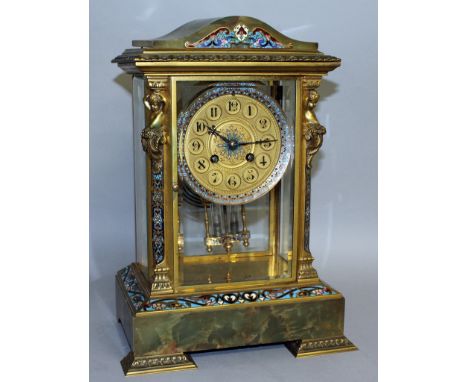 A GOOD 19TH CENTURY FRENCH GREEN ONYX AND CHAMPLEVE ENAMEL FOUR GLASS CLOCK with serpentine top, caryatid supports, eight day