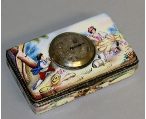 A SILVER AND ENAMEL RECTANGULAR SNUFF BOX decorated with young lovers, the top inset with a watch. 8cms x 5cms x 2.5cms.