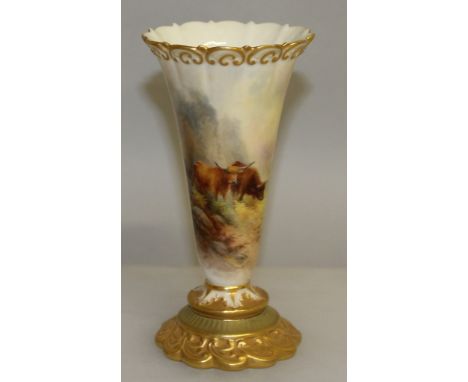 A ROYAL WORCESTER TAPERING VASE, Pattern G 706, painted with highland cattle by JAMES STINTON. 6.25ins high.