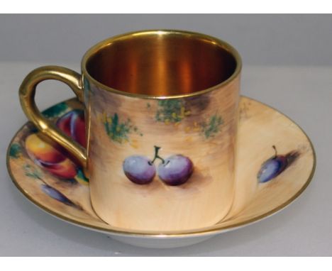 A ROYAL WORCESTER FRUIT PAINTED COFFEE CAN AND SAUCER, both signed by Roberts, black mark.
