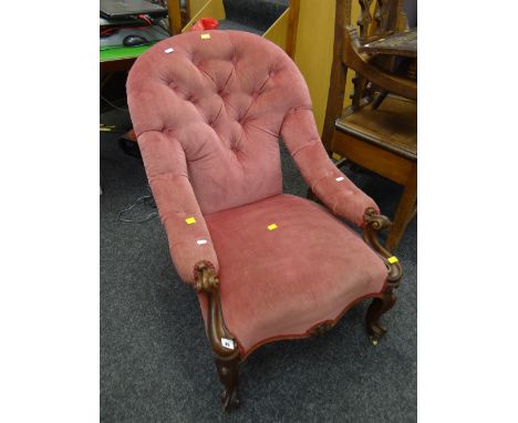 An antique button-back ladies armchair Condition reports provided on request by email  for this auction otherwise items purch