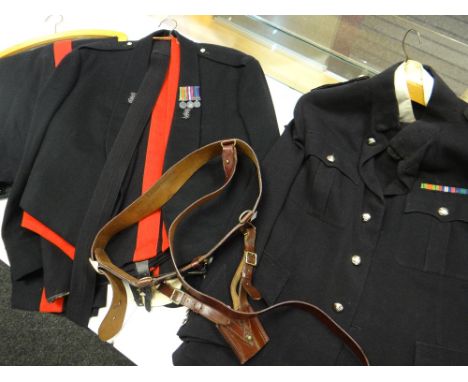 Two officer's army dress uniforms complete with waistcoat, blazer, trousers ETC from Major F J Cartwright &amp; a leather Sam