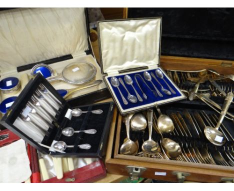 A canteen of cutlery, three cased sets of cutlery &amp; a cased white metal &amp; enamel dressing table set (with replacement