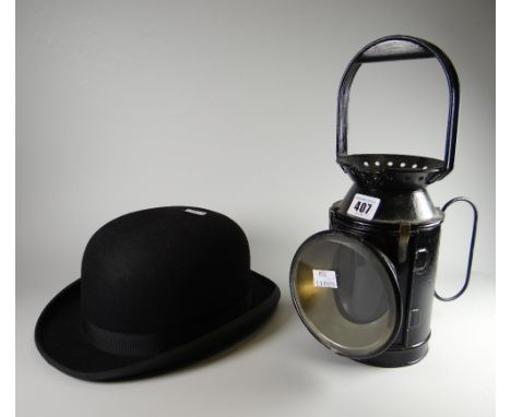 A vintage coaching lamp &amp; a Christy's of London vintage bowler hat Condition reports provided on request by email  for th