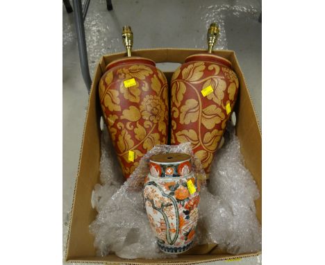 A pair of floral pottery table lamps &amp; an Imari vase Condition reports provided on request by email  for this auction oth