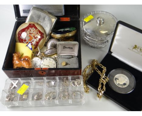 A box of small collectables including silver items (silver top jar, cigarette cards) also pocket watches, paperweights &amp; 