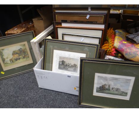 A quantity of framed prints, a vintage wicker hamper-set ETCCondition reports provided on request by email for this auction o