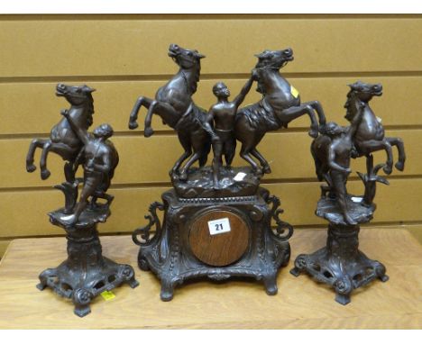 An vintage spelter equestrian clock garniture (clock movement removed) Condition reports provided on request by email  for th
