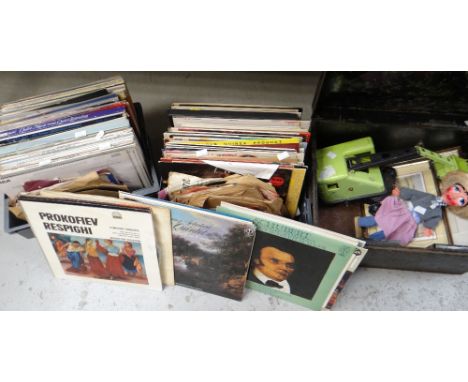 Quantity of LP records &amp; gramophone records together with a black deed tin with puppet &amp; Tonka-type digger ETC Condit