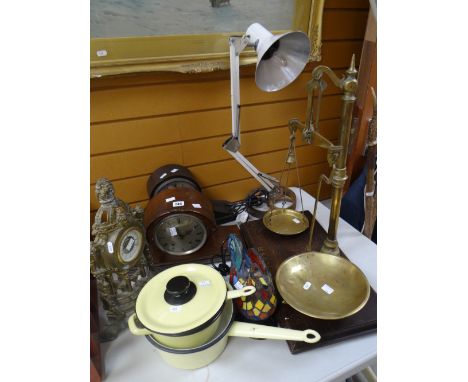 A set of vintage Avery scales, two polished mantel clocks, an angle-poise lamp ETC Condition reports provided on request by e