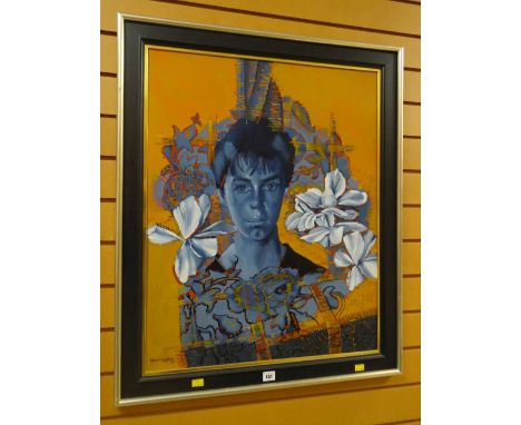JOHN CHERRINGTON oil on board - head &amp; shoulders portrait with abstract background, signed &amp; dated 1992, framed 74 x 