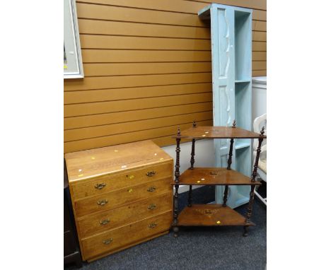 A painted pine shelf rack, a marquetry three-tier whatnot &amp; a vintage chest of four graduated drawers Condition reports p