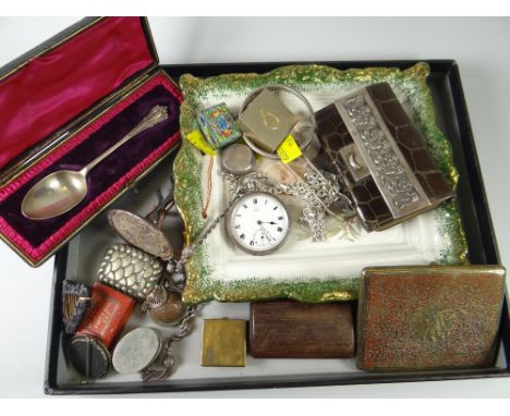 A parcel of silver and other collectables including silver pocket watch, silver ring tree, cased silver spoon, crocodile leat