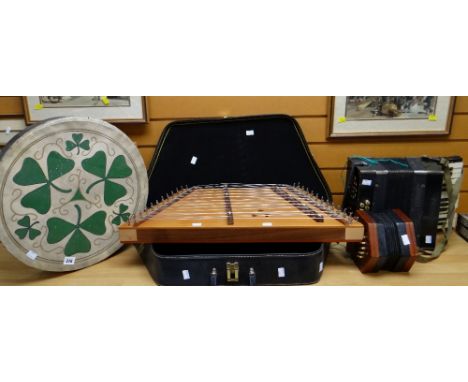 A Celtic hide covered drum &amp; a cased Folkcraft stringed instrument, a Viceroy accordion &amp; a squeeze-box accordion Con