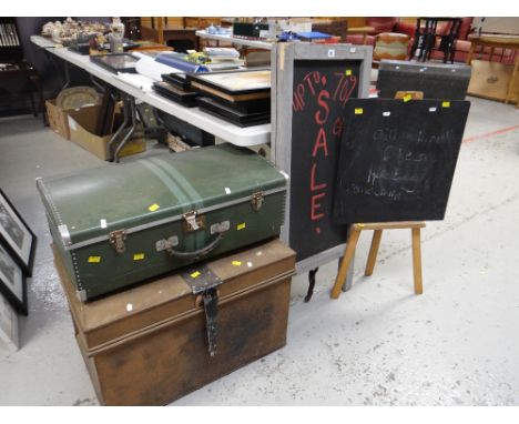 A large tin deed box &amp; an item of vintage luggage, a child's easel blackboard ETC Condition reports provided on request b