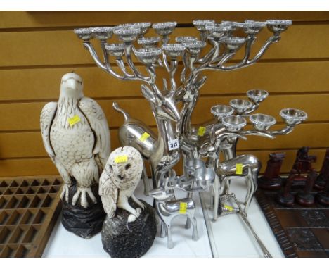 A trio of modern white metal candelabra in the form of deer, another similar smaller &amp; two composition ornamental birds C