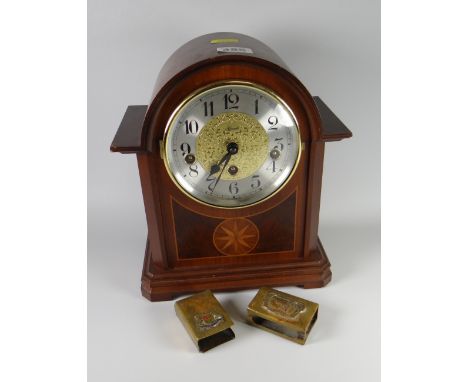 A reproduction German mantel clock &amp; two brass matchbox cases Condition reports provided on request by email for this auc