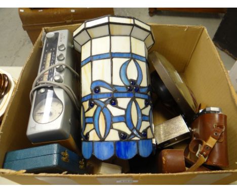 Box of modern household items including lighting, a Nettar vintage camera ETC Condition reports provided on request by email 