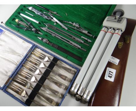 A cased vintage German tripod &amp; a cased writing set &amp; a cased set of EPNS forks Condition reports provided on request