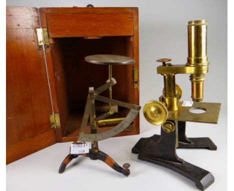 A vintage cased brass microscope by H Field &amp; Son together with a set of vintage tripod postal scales Condition reports p