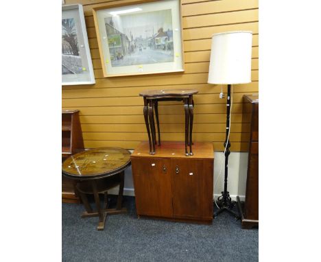 A metal standard lamp &amp; shade, two kidney shaped chairs, cupboard, marquetry table, bookcase, occasional table &amp; sewi