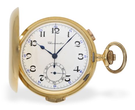 Taschenuhr: schweres 18K Chronometer mit Minutenrepetition und Chronograph, ca. 1900: Ca. Ø54mm, ca. 110g, 18K Gold, Savonnet