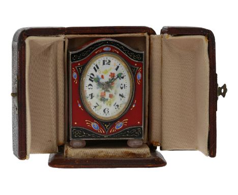 Tischuhr: Art Nouveau Rarität, Genfer Miniatur-Emaille-Tischuhr mit Originaletui, Golay Fils &amp; Stahl Geneve No.12209, ca.