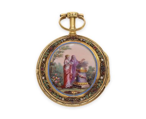 Taschenuhr: sehr feine Gold/Emaille-Spindeluhr mit Stein- und Perlenbesatz, Vauchez a Paris, ca.1780: Ca. Ø41mm, ca. 46g, 18K