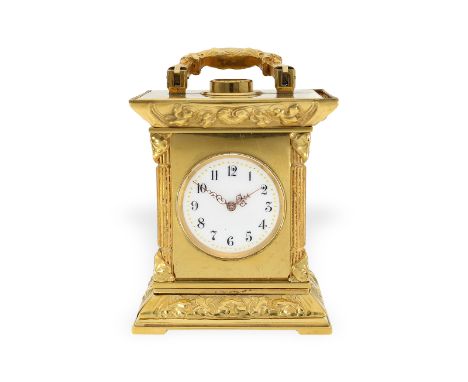 Tischuhr: rare und hochfeine Jugendstil Miniatur-Reiseuhr mit Minutenrepetition, ca.1910: Ca. 10 x 6,5 x 5cm, feuervergoldete
