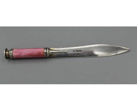 John Henry Hill, a George V silver and pink guilloche enamel paper knife/ writing companion. The presentation blade inscribed