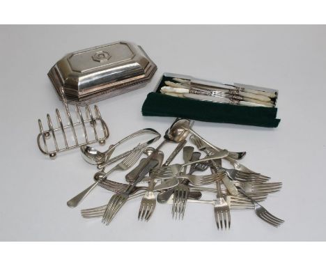 A selection of silver plate and other to include two geometric lidded serving dishes, a toast rack, mother of pearl handled c