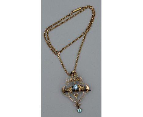 A paste and seed pearl lavaliere brooch stamped 9ct ( 2.3gm approximately) on a rolled gold bale, along with a yellow metal c