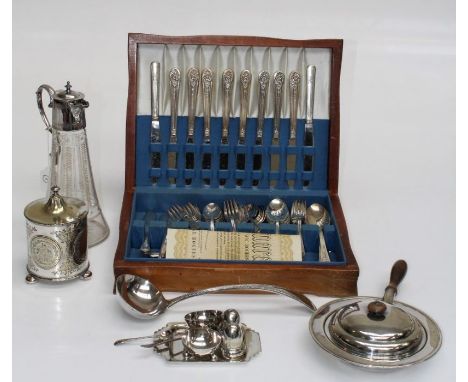 A mixed lot of EPNS, to include an eight place canteen of William Rogers flatware and cutlery, cut glass claret jug with plat