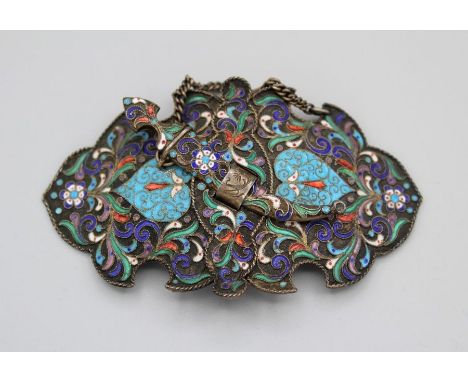 A late 19th Russian silver and wired cloisonné enamel buckle of shaped outline, in two sections with sabre fastener. Maker un