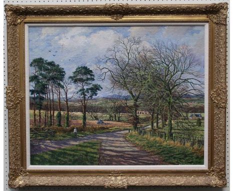 Donald M Shearer (Scottish 1925-2017)Autumnal rural landscape with figure watching a ploughing tractor from a lane, beneath b