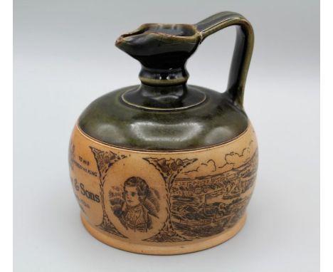 An early 20th century Royal Doulton stoneware John Dewar and Sons whisky flask. Impressed mark, 15cm