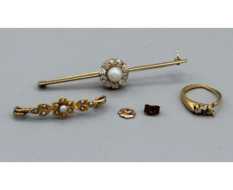 A selection of gold jewellery comprising a pearl and diamond bar brooch, a seed pearl foliate brooch, a ring at fault and oth