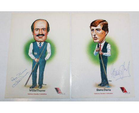 A coloured print of Steve Davis from the Embassy Snooker Celebrities signed in biro by Steve Davies and a similar coloured pr