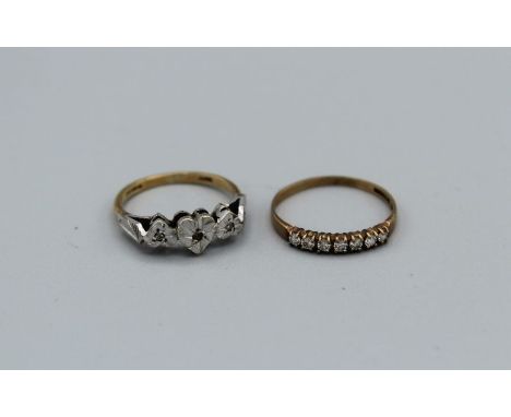 A 9ct gold triple heart ring set with three small diamonds , weight approximately 2.4gm, along with a 9ct gold half hoop cubi