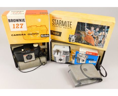 A Kodak Brownie 127 kit camera, with box, original case etc., and a Kodak Starmite 127 roll film camera kit, circa 1963, comp