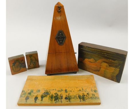 A French metronome, in walnut case, various painted wooden blocks etc.