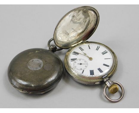 Two pocket watches, to include a silver hunter pocket watch, with white enamel dial, bezel wind, Birmingham assay, and anothe