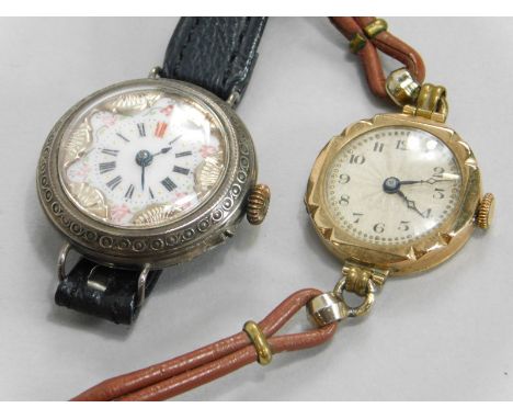Two wristwatches, to include a 9ct gold ladies wristwatch, on a tan leather strap and a silver wristwatch, with floral enamel
