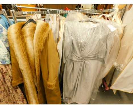 Various vintage ladies' clothing, to include a Joanna Hope silver dress, a Kaleidoscope mac, burgundy faux fur jacket etc. (o